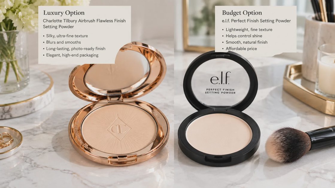 Two powder compacts—one luxury, one budget—with a small setting brush