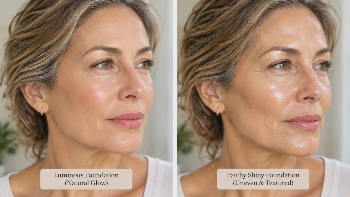 Side-by-side of a skin-like glow versus a patchy shiny foundation on mature skin