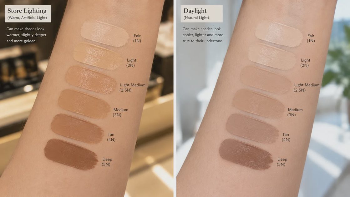 Foundation swatches photographed in store light and in daylight side by side