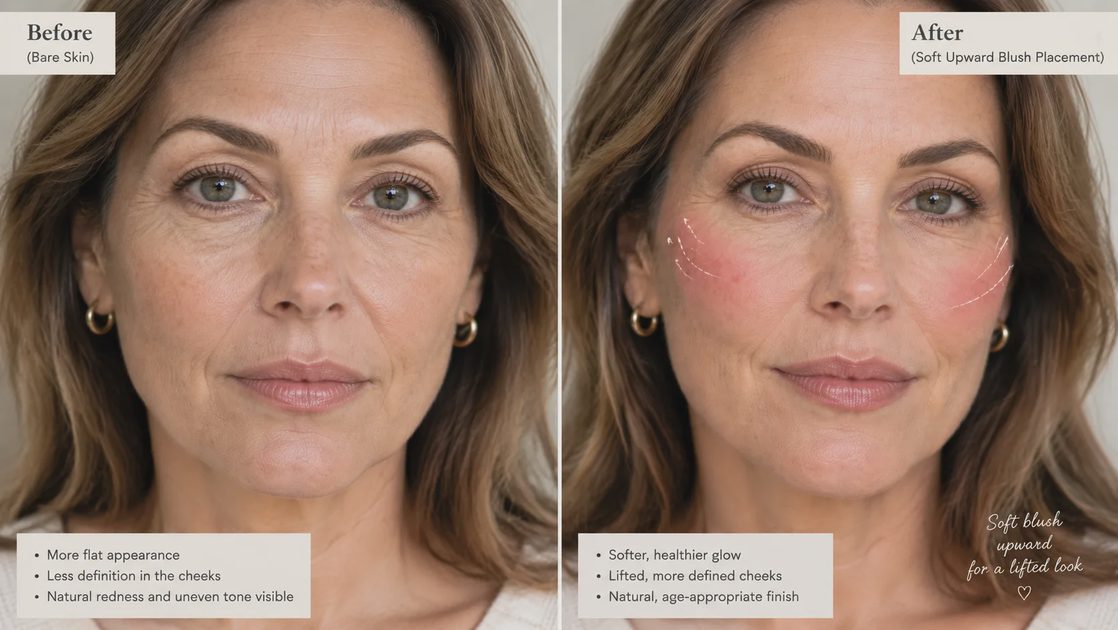 Before and after soft upward blush placement on mature skin