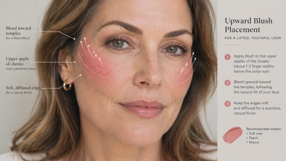 Diagram-style image showing upward blush placement on a mature face