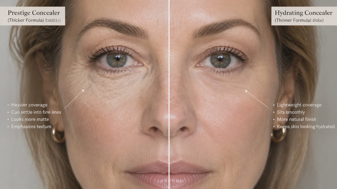 Under-eye comparison of a thick prestige concealer versus a thinner hydrating concealer