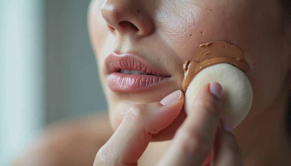 Sheer luminous foundation blended on mature skin with a damp sponge